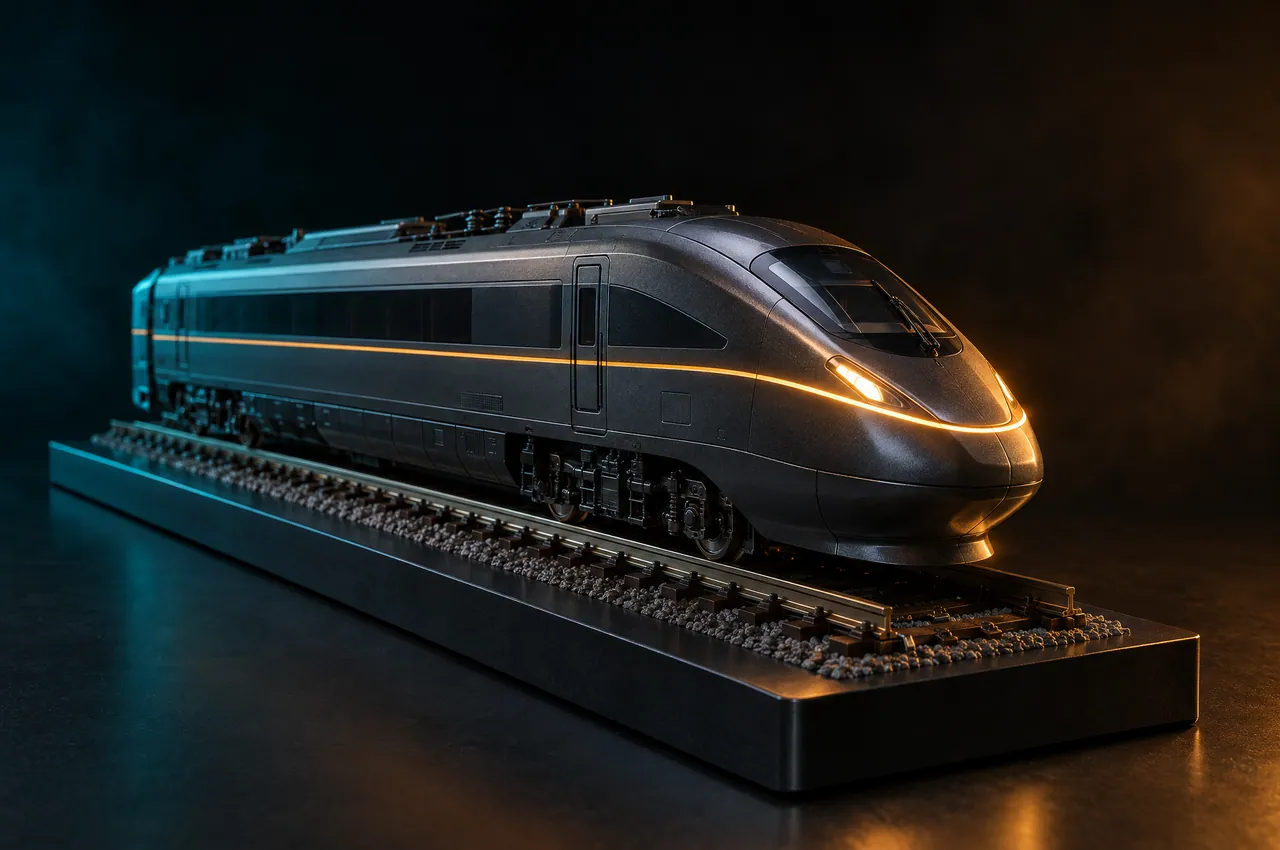 Scale model of a sleek high-speed locomotive nose on a short section of track