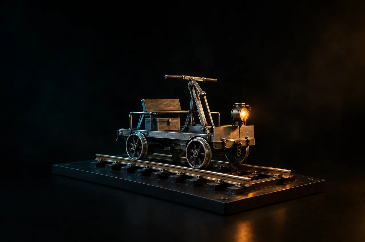 Scale model of a compact single-car railbus with one amber headlamp